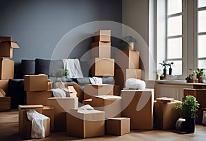 cardboard boxes things home cleaning room full new Empty moving box house apartment background white floor interior cardbox