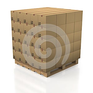 Cardboard boxes in tidy stack with wooden palette photo