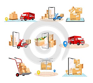 Cardboard Boxes, Truck and Map as Navigation Vector Illustrations Set