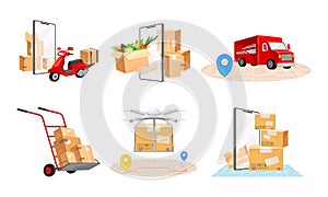 Cardboard Boxes, Truck and Map as Navigation Vector Illustrations Set