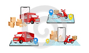 Cardboard Boxes, Truck and Map as Navigation Vector Illustrations Set
