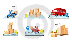 Cardboard Boxes, Truck and Map as Navigation Vector Illustrations Set