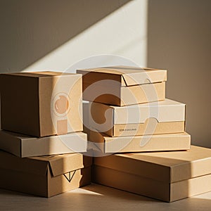 Cardboard boxes of various sizes are stacked on a surface, with sunlight casting