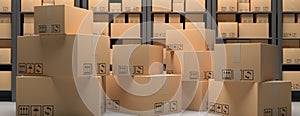 Cardboard boxes on warehouse storage shelves background. 3d illustration