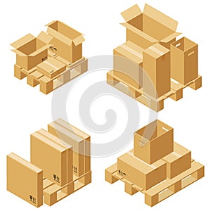 Cardboard boxes and wood pallet isometric set isolated on white background.