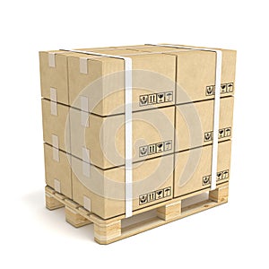 Cardboard boxes on wooden pallet. Deliver concept. 3D