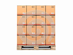 Cardboard boxes on wooden pallet without shadow on white background 3d