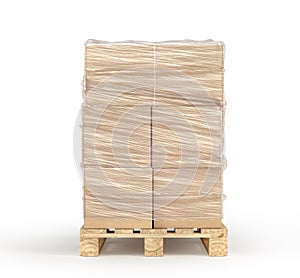 Cardboard boxes wrapped polyethylene on wooden pallet isolated on white background.