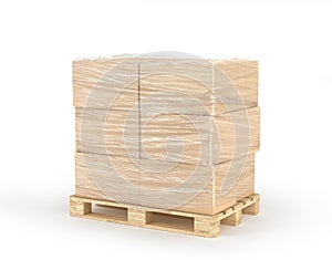 Cardboard boxes wrapped polyethylene on wooden pallet isolated on white background.