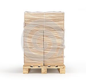 Cardboard boxes wrapped polyethylene on wooden pallet isolated on white background. photo