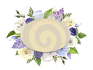 Cardboard card with blue, purple and white roses, lisianthuses, anemones and lilac flowers. Vector eps-10. photo