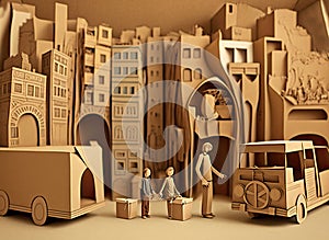 Cardboard city and its inhabitants. Buildings, streets, and tiny people.