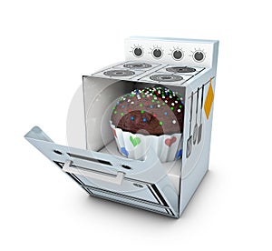 Cardboard Cooker with Cake inside, Isolated on White Background. 3d Illustration