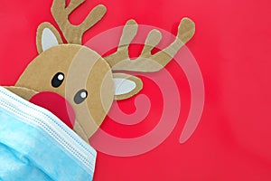 Cardboard cutout of Rudolph the red-nosed reindeer peeking while wearing a face mask. Covid during Christmas season concept.