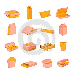 Cardboard delivery shipping packaging boxes cartoon icons set. Opened, closed, for food, transportation, gift carton