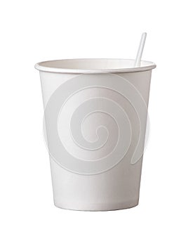 Cardboard disposable cup with coffee and spoon on white background