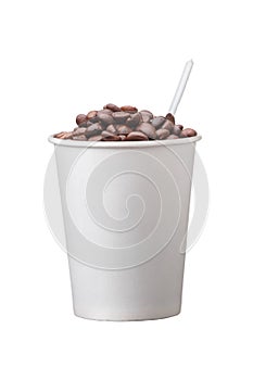 Cardboard disposable cup with coffee and spoon on white background