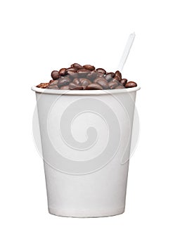 Cardboard disposable cup with coffee and spoon on white background