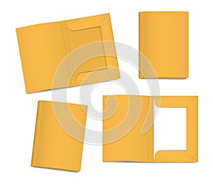 Cardboard file folder. Open and closed. Empty and filled with blank paper sheets. Vector mock-up