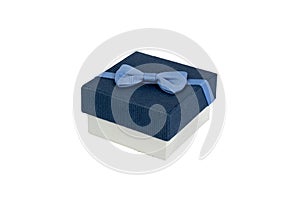 Cardboard gift box with a dark blue lid and a blue bow