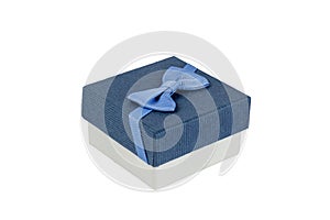 Cardboard gift box with a dark blue lid and a blue bow