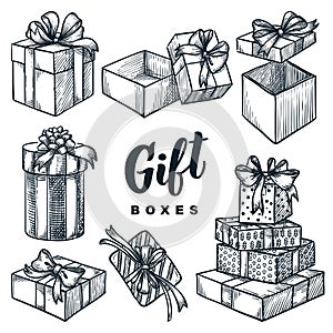 Cardboard gift boxes set. Closed and open empty holiday packages collection. Vector hand drawn sketch illustration