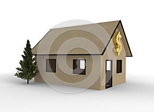 Cardboard house with dollar symbol.