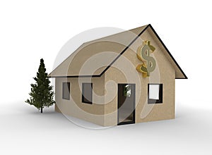 Cardboard house with dollar symbol.