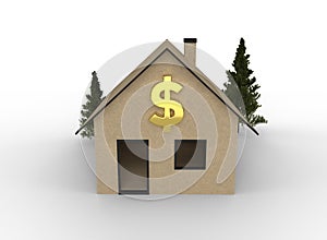 Cardboard house with dollar symbol.