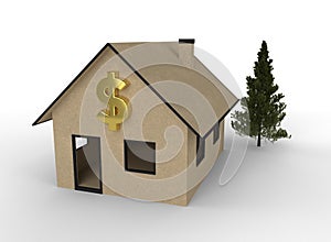 Cardboard house with dollar symbol.