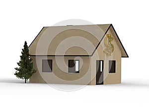 Cardboard house with dollar symbol.