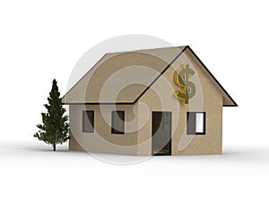 Cardboard house with dollar symbol.