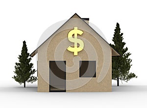 Cardboard house with dollar symbol.