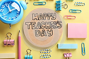 Cardboard with inscription HAPPY TEACHER`S DAY