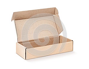 Cardboard kraft box open and isolated on white