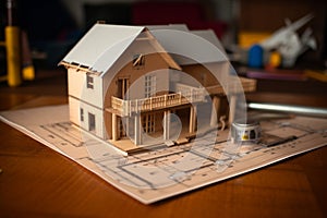 Cardboard model representing home building with blueprint, key, tape measure