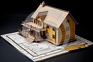 Cardboard model showcasing home design with blueprint, key, and tape measure