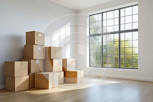 Cardboard moving boxes stacked in bright room
