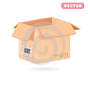 Cardboard open box in 3d format with front view, isolated on white background. Render of shipping cargo box with symbol of fragile