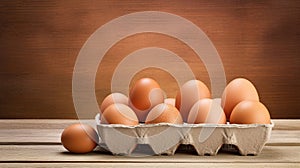 Cardboard package container of fresh brown eggs on rustic wooden table