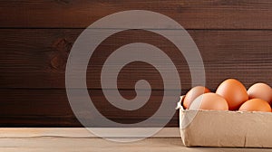 Cardboard package container of fresh brown eggs on rustic wooden table