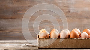 Cardboard package container of fresh brown eggs on rustic wooden table