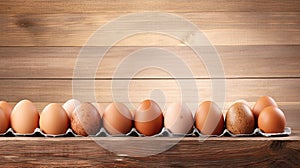 Cardboard package container of fresh brown eggs on rustic wooden table