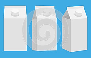 Cardboard package icon. White carton pack template for beverage: juice, milk. Front and side view. Packaging collection. Vector