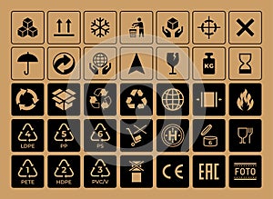 Cardboard package icons. Attention and caution symbols for store and transportation. Logistics and recycle warning emblems