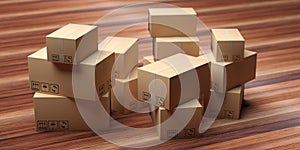 Cardboard packages stack on wood floor. 3d illustration