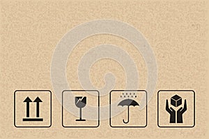 Cardboard packaging icon set. Fragile care sign and symbol.