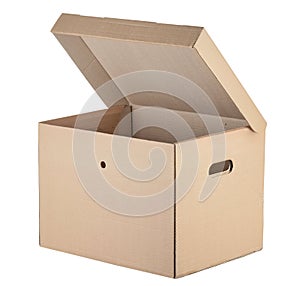 Cardboard packing box for moving with the lid slightly open and a vent, isolated on a white background.