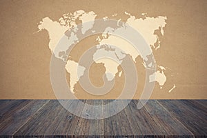 Cardboard paper texture , process in vintage style with wood terrace with world map