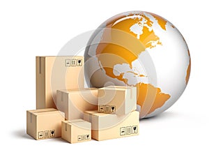 Cardboard parcels and Earth planet, Worldwide delivery concept. 3D